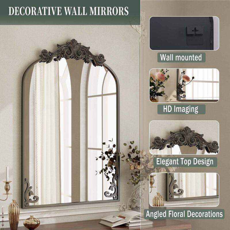 Arched Baroque Bathroom Mirror with Bottom Floral Decor