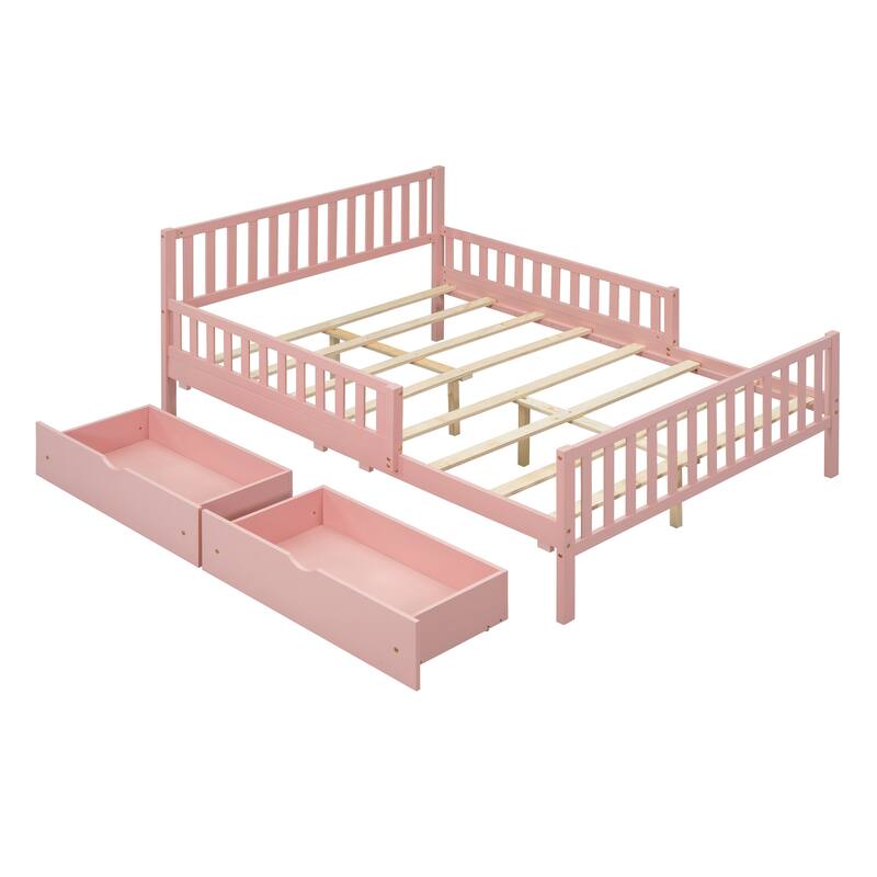 Full Size Wooden Bed with Guardrails & 2 Storage Drawers