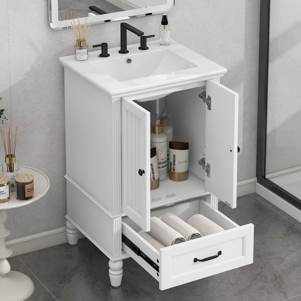 Bathroom Vanity with Sink, Bathroom Cabinet with Two Doors, Magnetic Door Stopper and Adiustable Foot Pads, A Drawer