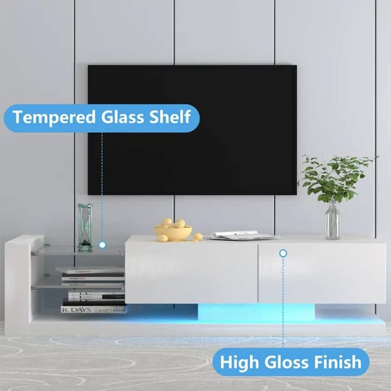 70"W Modern LED TV Stand, 2 Cabinets, 2 Glass Shelves, Outlet - 70.8"L x 14.96"W x 14.96"H