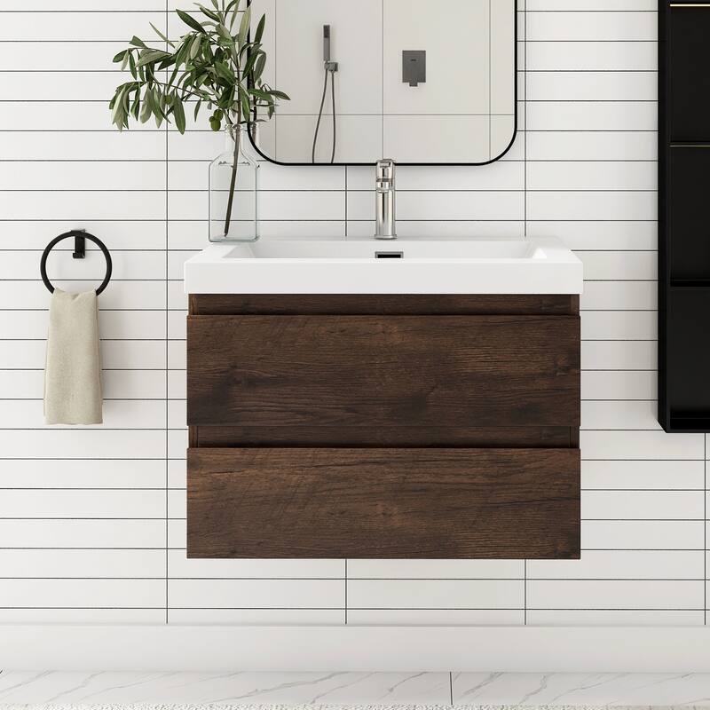 Floating Bathroom Vanity with Resin Top - 29.53'' x 19.69'' x 22.44'' - Rose Wood