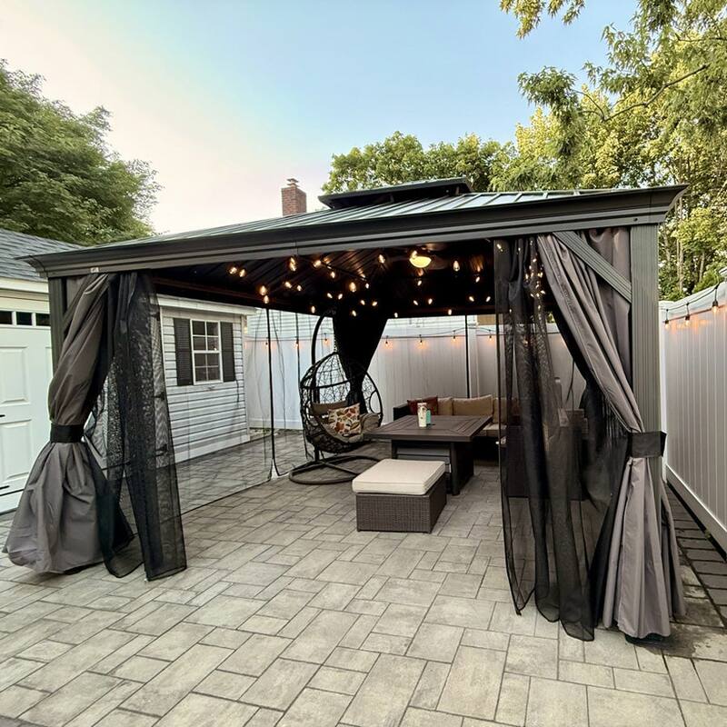 PURPLE LEAF Outdoor Galvanized Steel Hardtop Gazebo, Aluminum Frame Gazebo With Curtains