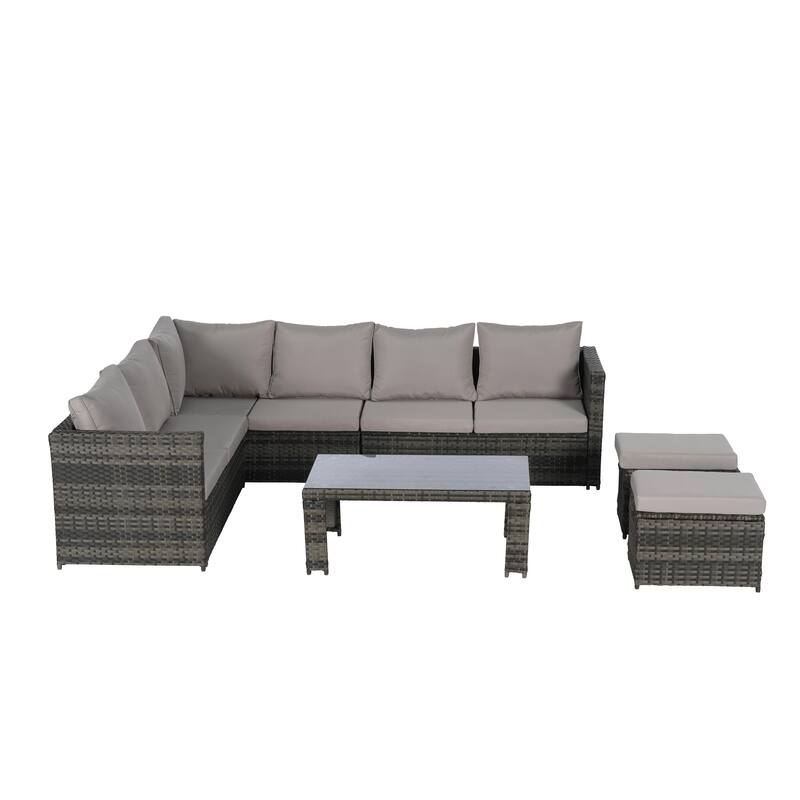 6-Piece Outdoor Patio Rattan Conversation Sectional Sofa Set with Tempered Glass Coffee Table
