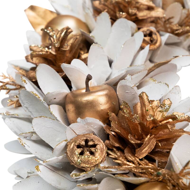 Glittered Wood Petals and Apples Christmas Wreath - 13.5" - Unlit