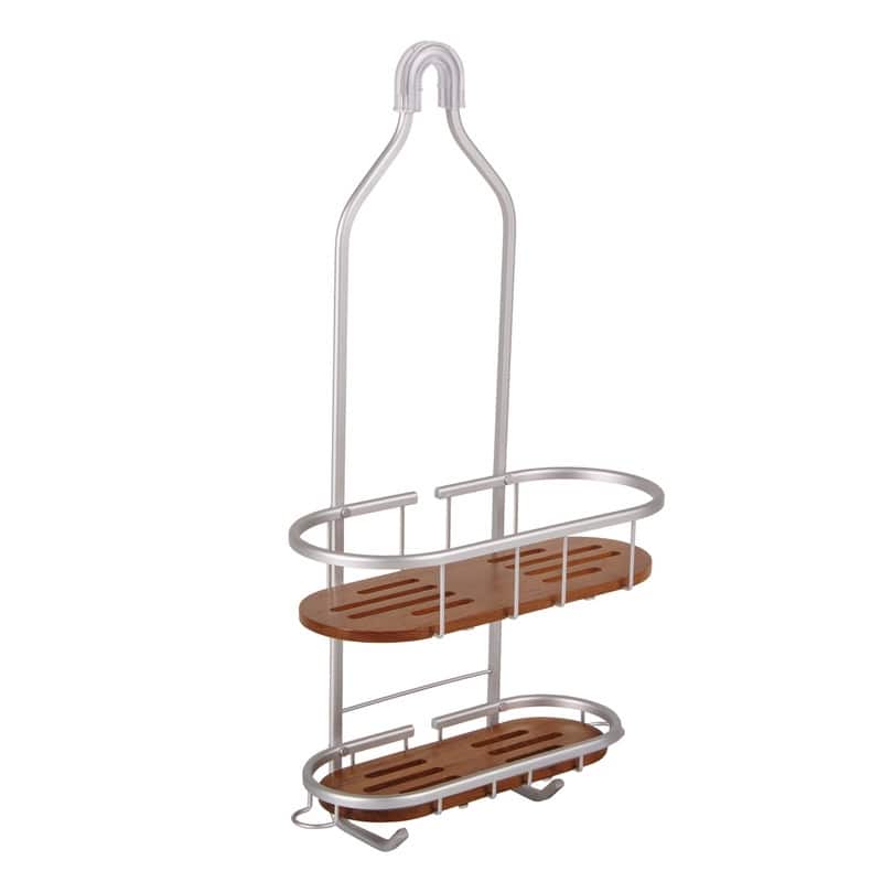 Utopia Alley Tia Rustproof Teak Overhead Shower Caddy with 2 Shelves, Hanging Shower Head Organizer, Chrome & Matte Black Finish