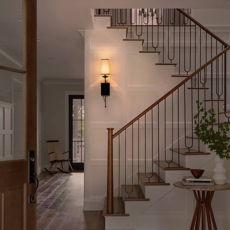 1-Light Matte Black Metal Wall Sconce Cone-Shaped Beige Linen Shade