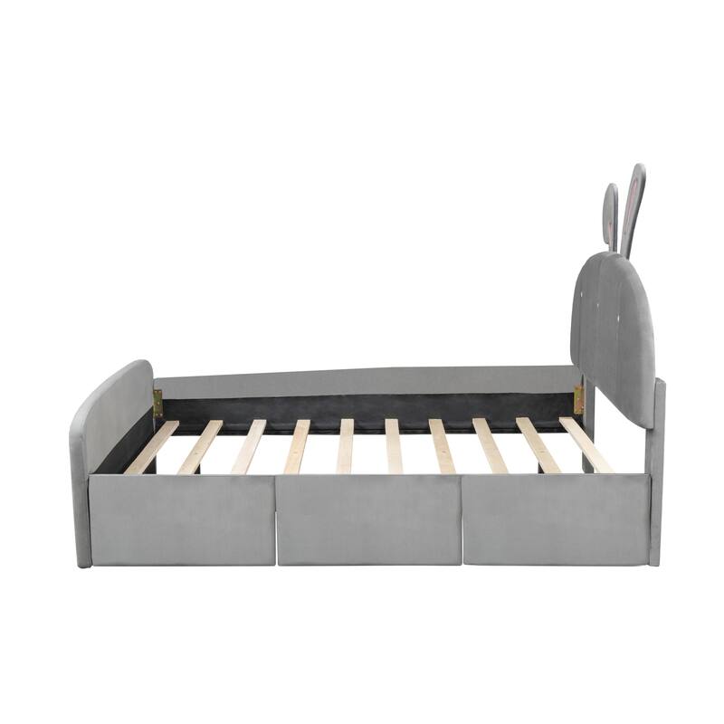 Rabbit-Themed Full Size Velvet Platform Bed with Storage Drawers and Bed-End Pockets - Fun, Practical, and Comfortable for Kids