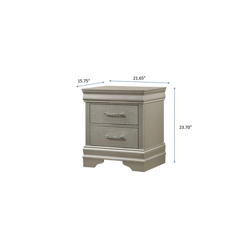 Gray Crocodile Embossed Nightstand with Crystal Pulls and Dovetail Drawer Construction