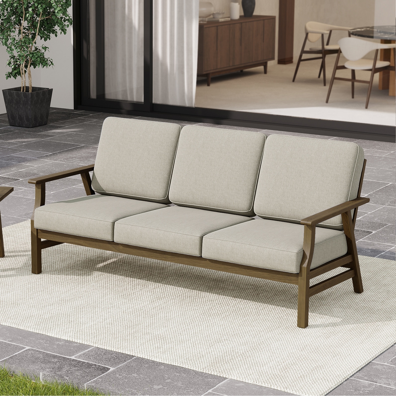 Teak Wood Outdoor Loveseat 3-Seat Sofa Armchair with Water-Resistant Cushion