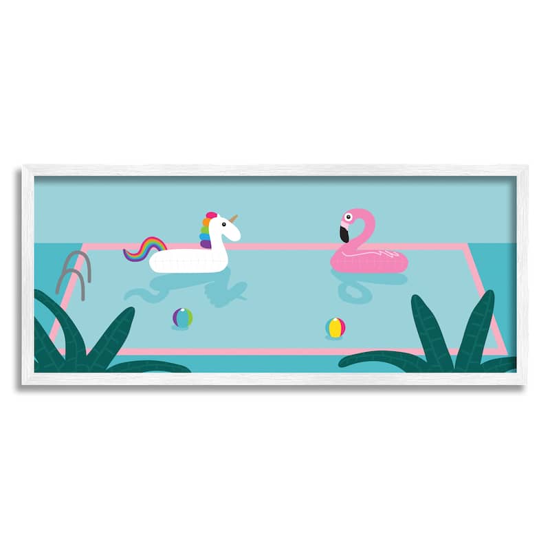Stupell Unicorn Flamingo Tropical Pool Water Floats Framed Wall Art - Blue - 10 x 24 - White