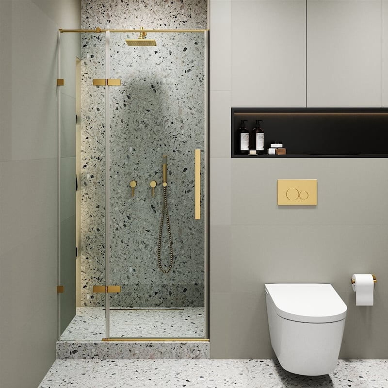 Fine Fixtures Hinged Clear Frameless Glass Shower Door Enclosure - 42 Inch - Satin Brass