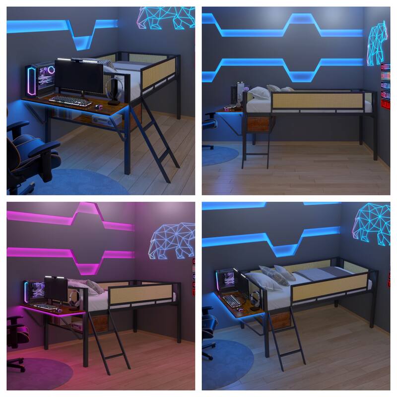 Twin Size Metal LED Loft Bed with Rectangular Desk and Storage Shelves