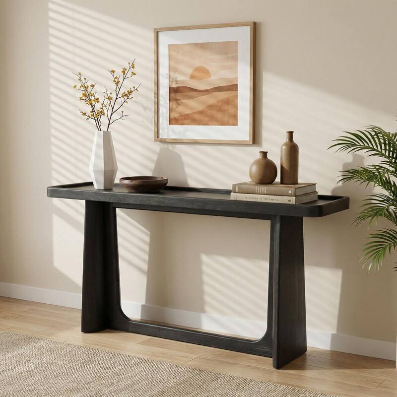 Farmhouse Console Table with Tray Top Design, Solid Wood Frame for Entryway - Black
