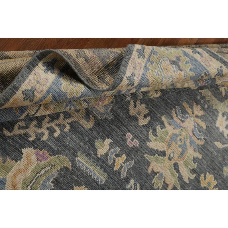 Vegetable Dye Floral Oushak Turkish Rug Hand-Knotted Grey Wool Carpet - 8'10" x 11'9"