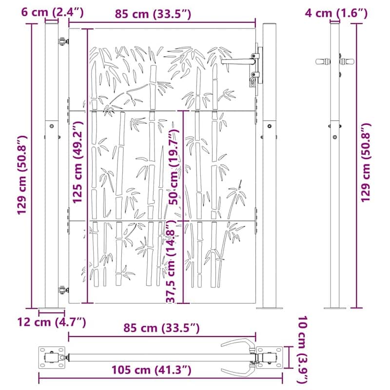 vidaXL Garden Gate Decorative Door Outdoor Fence Corten Steel Bamboo Design