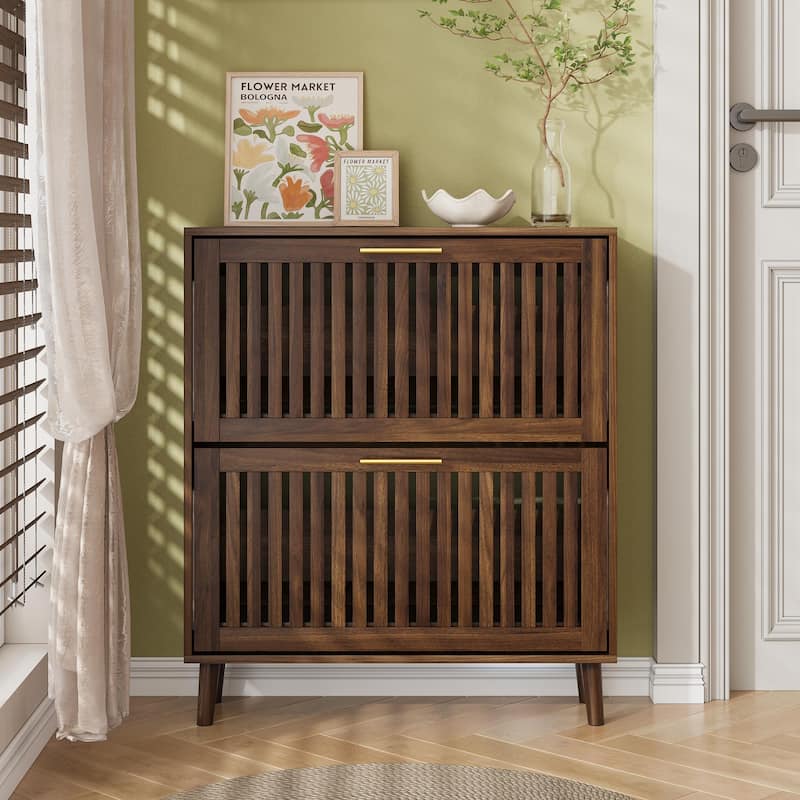 Shoe Cabinet with Louvered 2 Flip Drawers, Hidden Entryway Shoe Organizer, Shoe Rack with Adjustable Shelves & Solid Wood Legs