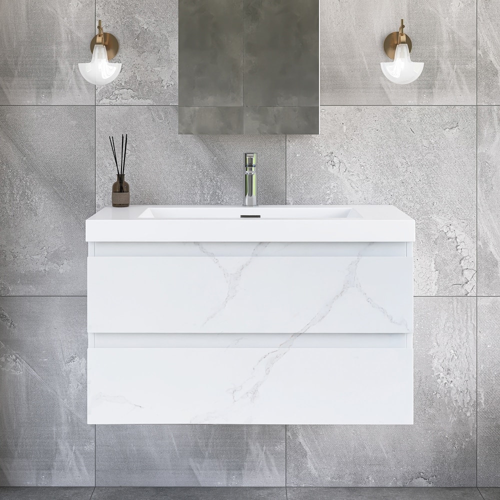 Floating Bathroom Vanity Integrated White Resin Sink