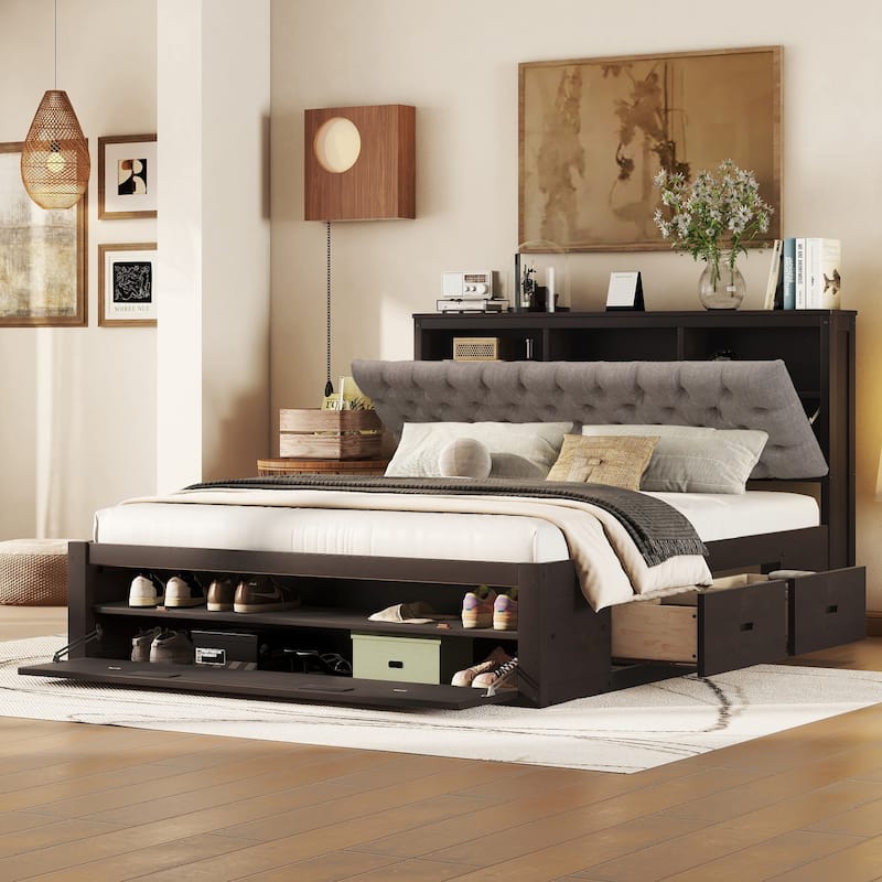 Wood Queen Size Platform Bed with Storage Headboard & shoe rack and 4 drawers - Espresso