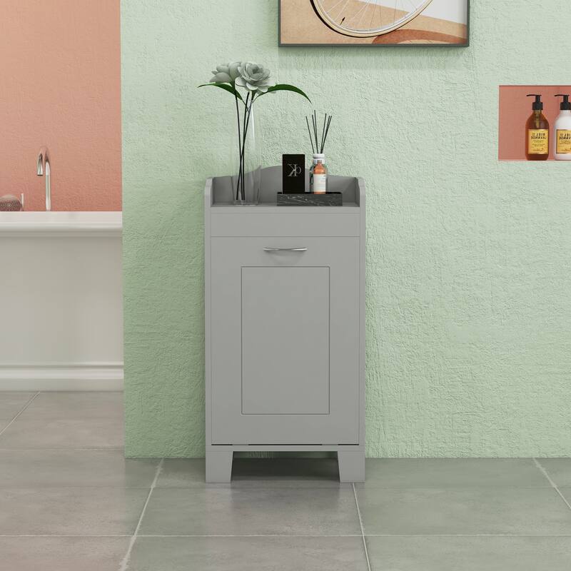 Grey MDF Tilt-Out Laundry Hamper Cabinet with Top Storage Shelf - 15.75" W x 11.75" D x 31" H