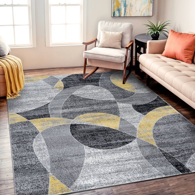 Contemporary Distressed Circle Area Rug - 7' 10" x 10' - Grey/Yellow - Rectangle