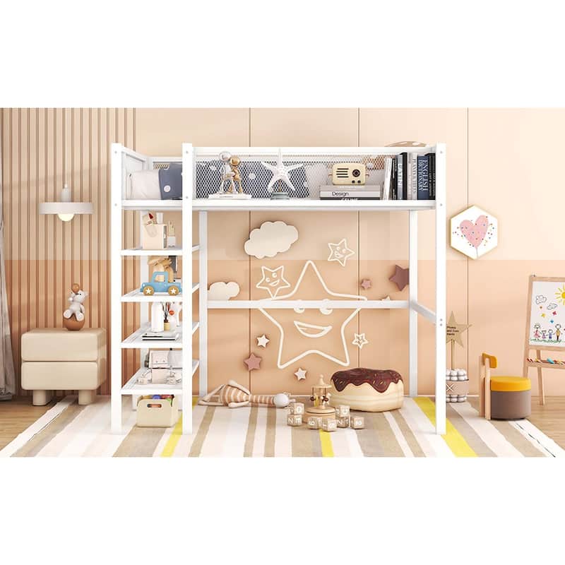 Metal Loft Bed with 4-Tier Shelves and Storage