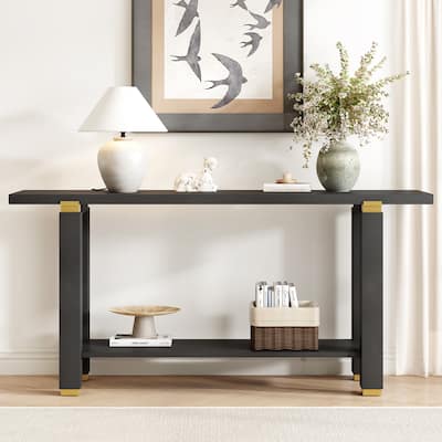 63" Modern Console Table - Solid Wood Entryway Table with Metal Accents & Built-in Shelf