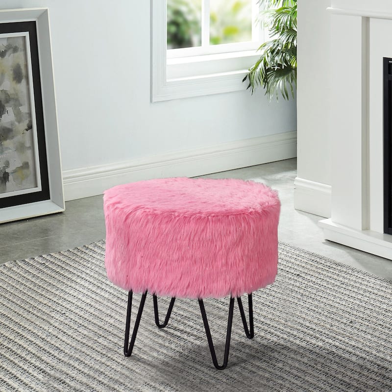Pink Glitter Fauxfur Round Ottoman Soft Stylish Home Decoration - Pink - Medium