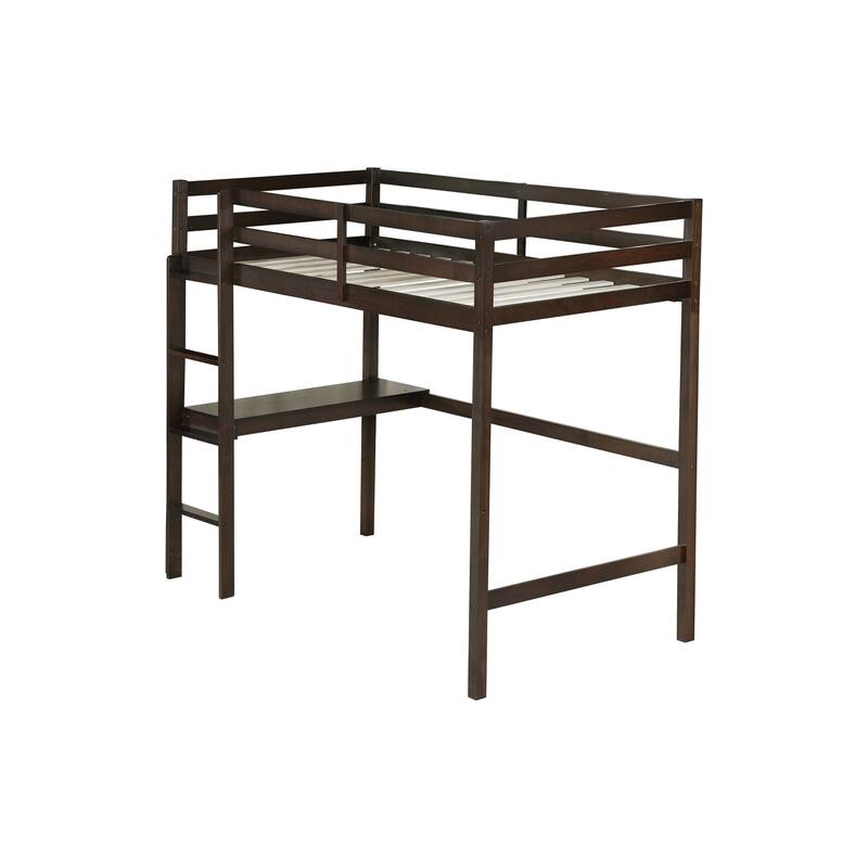 Twin High Loft Bed, Rubber Wood Loft Bed with Safety Guardrail built-in desk, ladder, Espresso