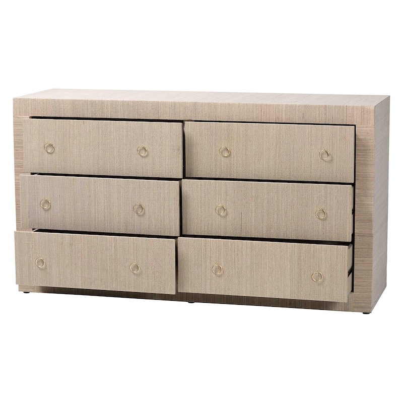 Sage Natural Grasscloth Dresser - 6-Drawer Bedroom Storage Cabinet with Gold Ring Pulls, Modern Coastal Chest of Drawers