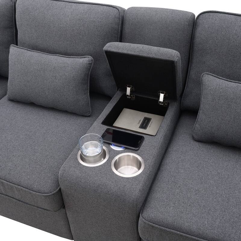114.2" Modern Linen Fabric Sectional Sofa with Central Console, 2 Cupholders and Charging Station,4 Pillows