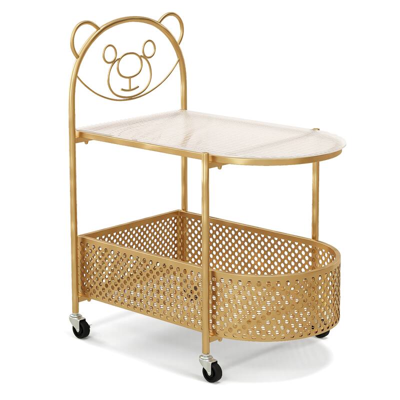 Gymax 2-Tier Mobile Glass Coffee Table w/ Bear Pattern Storage Basket