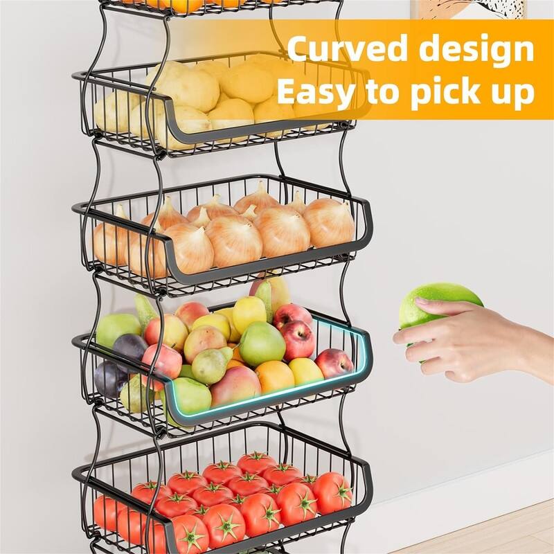 6 Tier Rolling Cart Stackable Fruit Vegetable Basket with Wheels and 2 Hanging Basket - 11.75"D x 15.75"W x 51"H