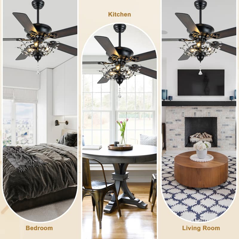 Bella Depot 52-inch Modern Crystal Ceiling Fan with Light Kit and Remote, 6-Speed Reversible Fandelier - 52"