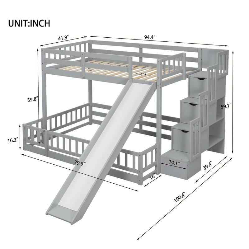 Twin Over Full Bunk Bed with Storage Staircase, Slide and Guardrails Toddler Floor Bed with Fence and Door, Floor Bunk Bed Frame