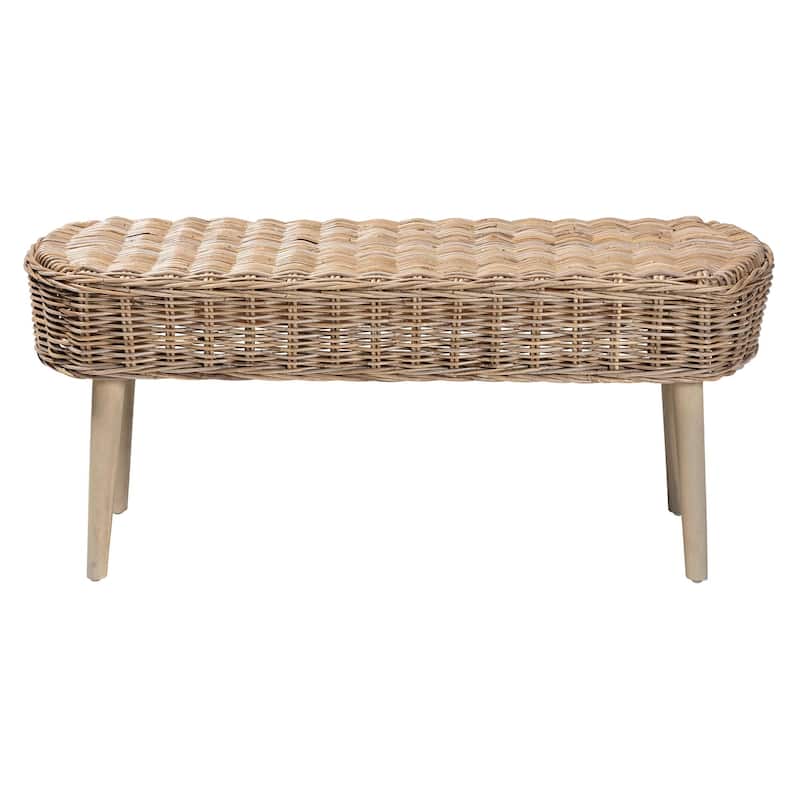 Raisa Modern Bohemian Natural Kubu Rattan and Grey Acacia Wood Accent Bench
