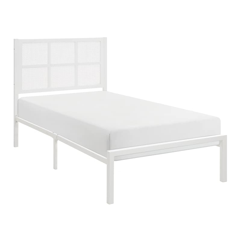 Twin Platform Bed with Faux Cane Headboard, White Metal Frame, No Box Spring Needed, Coastal Style Bedroom Furniture