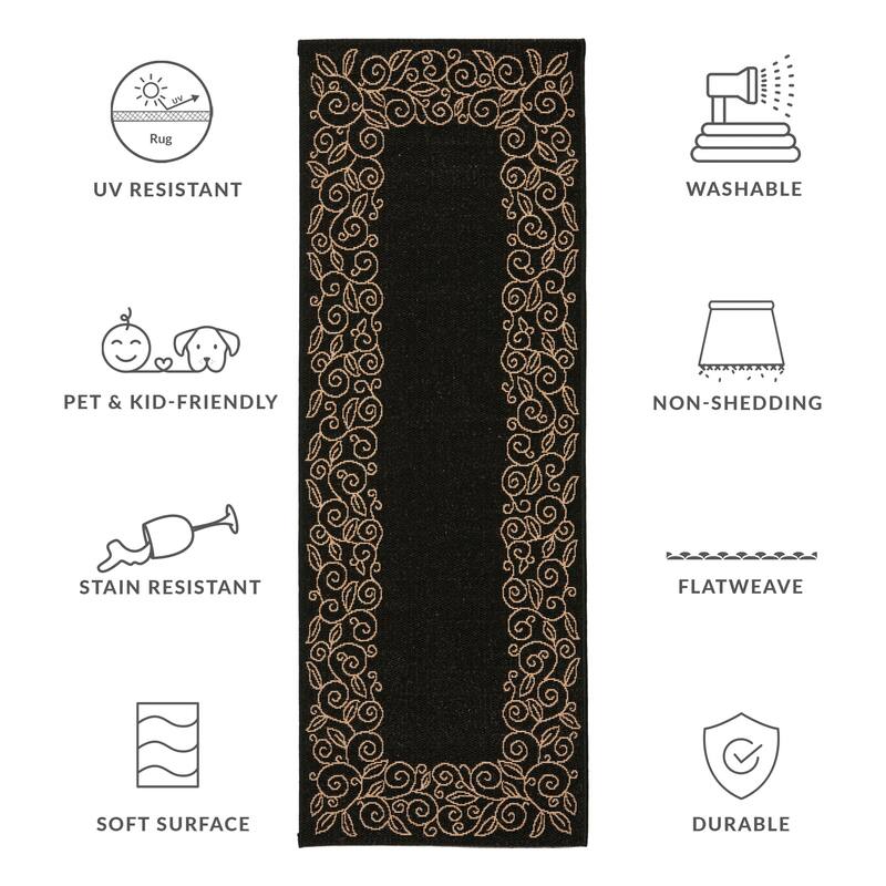 SAFAVIEH Courtyard Elfur Scroll Indoor /Outdoor Waterproof Patio Backyard Rug - 2'3" x 6'7" Runner - Black/Beige