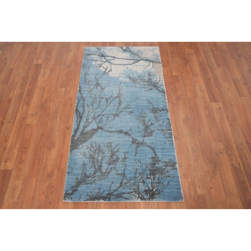 Hand Knotted Oriental Viscose Silk Carpet Modern Abstract Navy Blue & Blues Abstract Runner Rug - 4' 8'' X 2' 4''