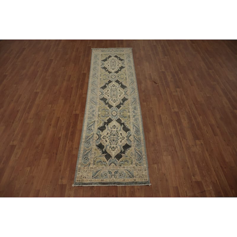 Hand Knotted Oriental 100% Wool Carpet Transitional Floral Greys & Charcoal Oushak Runner Rug - 9' 5'' X 2' 6''