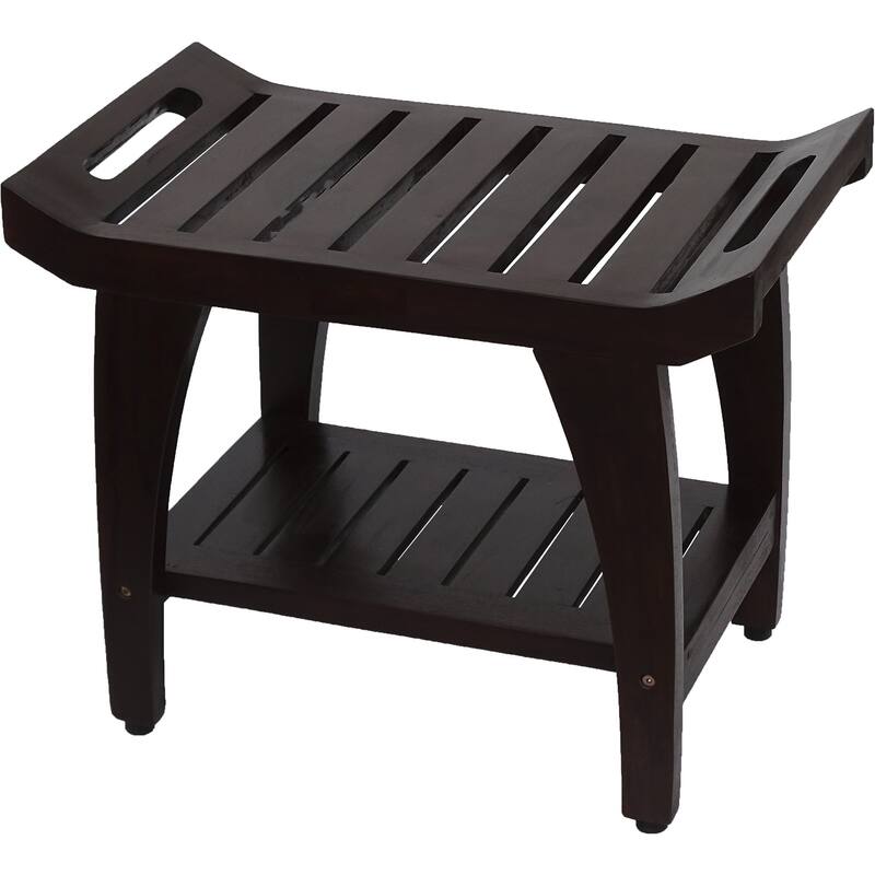 Compact Curvilinear Teak Shower Outdoor Bench with Shelf and Liftaide Arms in Brown Finish