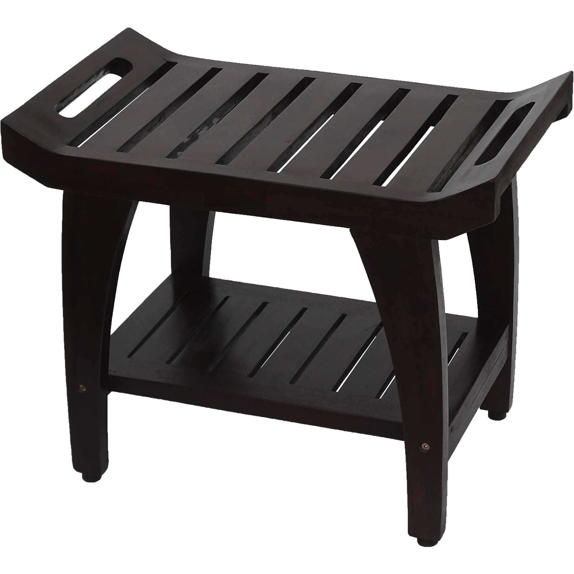 Compact Curvilinear Teak Shower Outdoor Bench with Shelf and Liftaide Arms in Brown Finish
