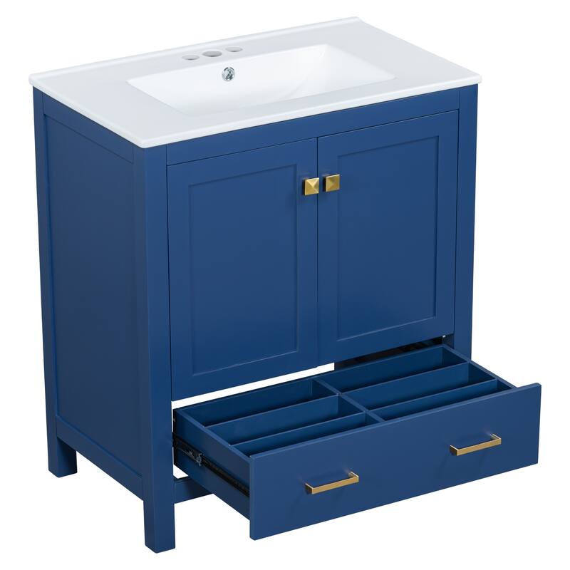 60"Bathroom Vanity Set with Double Vanities (Separate), Double Ceramic Sinks, Storage Shelf, and Divided Drawers
