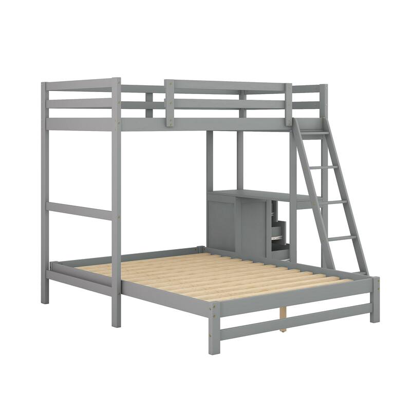 Twin over Full L-Shaped Bunk Bed Multi-Functional Pine Wood Bunk Bed Frame with All-in-One Desk and 3 Drawers
