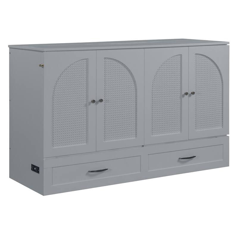 Space-Saving Queen Size Murphy Bed with Large Drawers and USB Charging, Gray