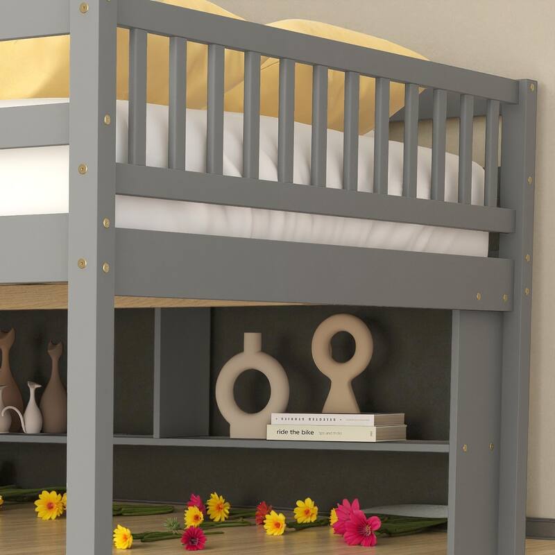 Full Size Wooden Loft Bed with Desk, Storage Shelves, and Staircase, Solid Pine Frame with Guardrails