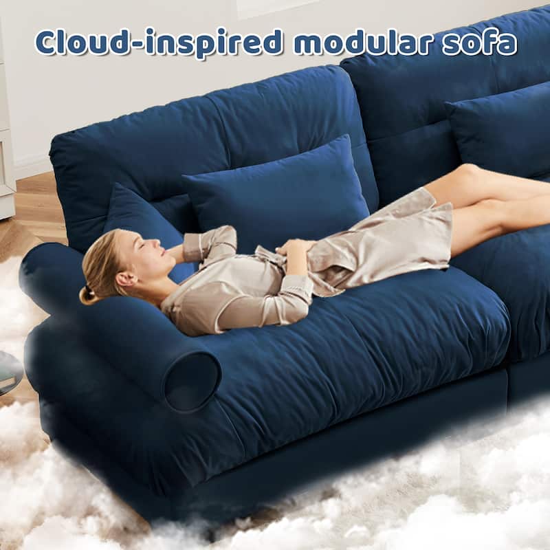 Oversized Velvet Modular Sofa, 130" 3 Seater Modern Sectional Sofa Set with Movable Ottoman, L-Shaped Upholstered Couches
