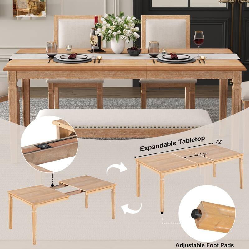 Roomfitters Extendable Rectangular Dining Table, 4 Upholstered Seats, Long Bench, 6-Piece Farmhouse Set