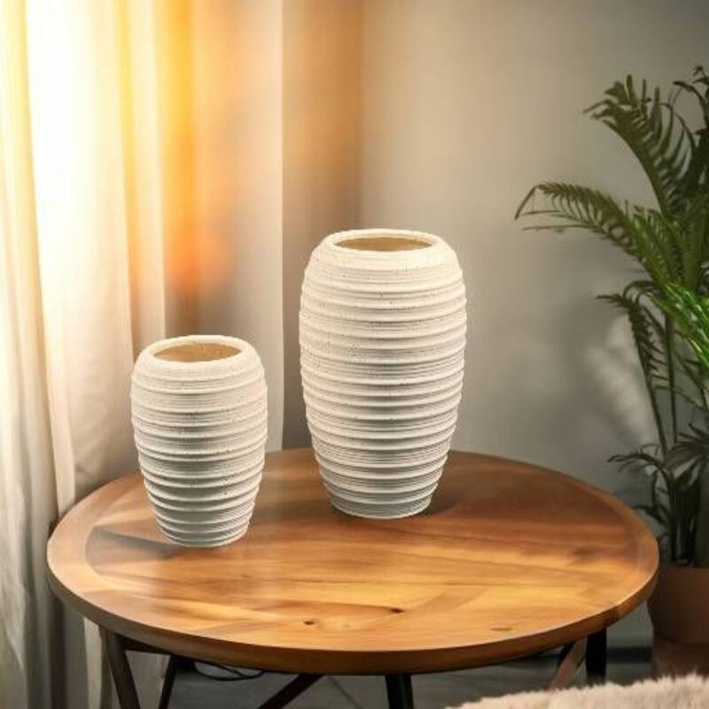 Cream Sandstone Set of 2 Tall Speckled Ceramic Oblong Table Vases