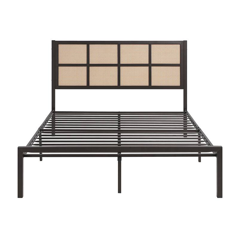 Queen Platform Bed with Faux Cane Headboard, Dark Bronze Metal Frame, No Box Spring Needed