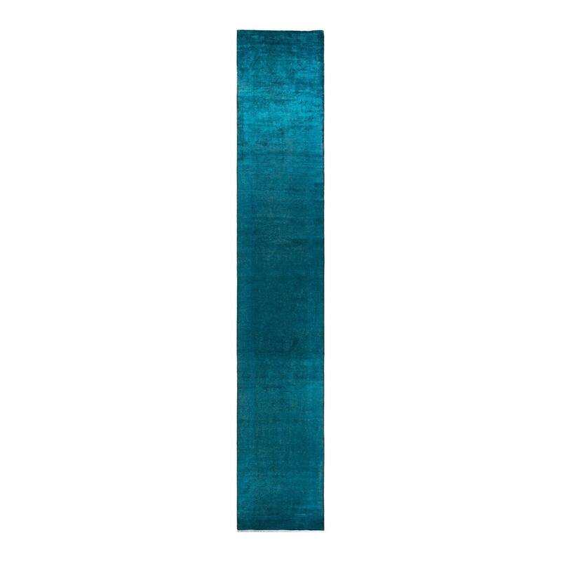 Overton Hand Knotted Wool Vintage Inspired Modern Contemporary Overdyed Blue Runner Rug - 3' 2" x 19' 10"